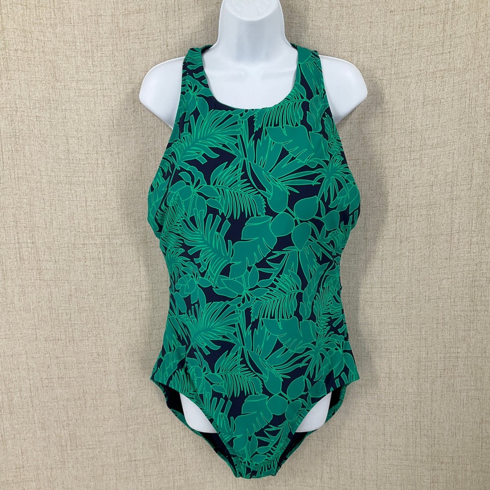Lands' End One Piece Swimsuit Womens XXL Green Tropical Palm Keyhole Back
